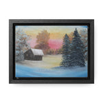 Winter’s Glow: Snowy Cabin at Sunset Canvas Print