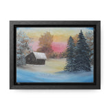 Winter’s Glow: Snowy Cabin at Sunset Canvas Print