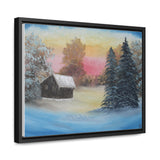 Winter’s Glow: Snowy Cabin at Sunset Canvas Print