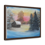 Winter’s Glow: Snowy Cabin at Sunset Canvas Print