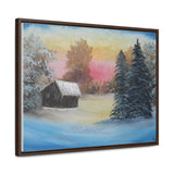 Winter’s Glow: Snowy Cabin at Sunset Canvas Print