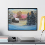 Winter’s Glow: Snowy Cabin at Sunset Canvas Print