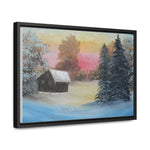 Winter’s Glow: Snowy Cabin at Sunset Canvas Print