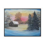 Winter’s Glow: Snowy Cabin at Sunset Canvas Print