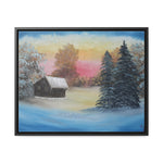 Winter’s Glow: Snowy Cabin at Sunset Canvas Print