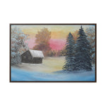 Winter’s Glow: Snowy Cabin at Sunset Canvas Print