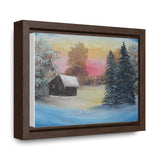 Winter’s Glow: Snowy Cabin at Sunset Canvas Print