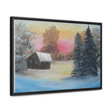 Winter’s Glow: Snowy Cabin at Sunset Canvas Print