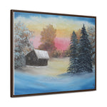 Winter’s Glow: Snowy Cabin at Sunset Canvas Print