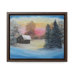 Winter’s Glow: Snowy Cabin at Sunset Canvas Print