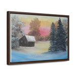 Winter’s Glow: Snowy Cabin at Sunset Canvas Print