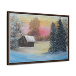 Winter’s Glow: Snowy Cabin at Sunset Canvas Print