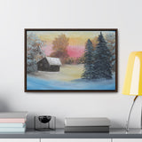 Winter’s Glow: Snowy Cabin at Sunset Canvas Print