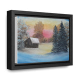 Winter’s Glow: Snowy Cabin at Sunset Canvas Print