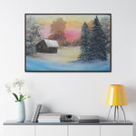 Winter’s Glow: Snowy Cabin at Sunset Canvas Print