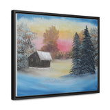 Winter’s Glow: Snowy Cabin at Sunset Canvas Print