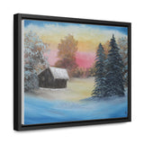 Winter’s Glow: Snowy Cabin at Sunset Canvas Print