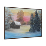 Winter’s Glow: Snowy Cabin at Sunset Canvas Print