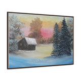 Winter’s Glow: Snowy Cabin at Sunset Canvas Print