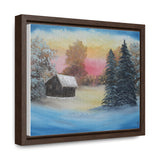 Winter’s Glow: Snowy Cabin at Sunset Canvas Print